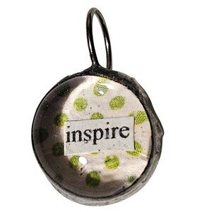Handcrafted Pendant Green Polka Dot Fabric Inspire Text Glass Dome Silver Tone